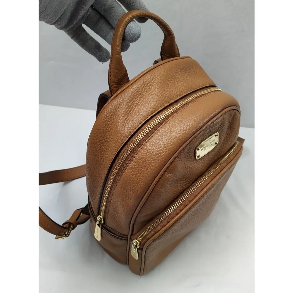 Michael Kors Tan Brown Pebbled Leather Pocket Zip Around Backpack